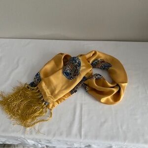 100% Silk Yellow Scarf with Intricate Embroidery and Long Fringe 11"by 46"
